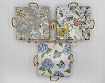 Set of 4 Handmade Decoupage Ceramic Coasters with Holder