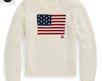 Jersey de punto con la bandera de Estados Unidos de Polo Ralph Lauren – Cuello redondo de mezcla de lana color crema, estilo unisex.