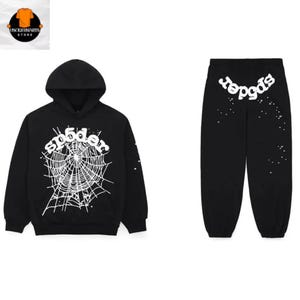 May include: Black hoodie and sweatpants set. The hoodie features a white spider web design with the word "sp5der" above it. The sweatpants have the word "sp5der" on the back. The set is made of a soft material.