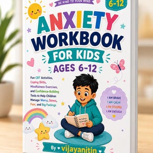 May include: A white book titled Anxiety Workbook for Kids Ages 6-12 by vijayanitin. The cover features a cartoon child writing in a notebook, a yellow sun, a rainbow, clouds, and a butterfly. Text includes Fun CBT Activities and I Am Brave.