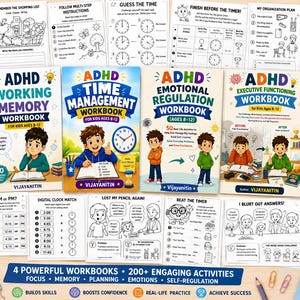Könnte beinhalten: Eine Sammlung von vier ADHS-Arbeitsheften für Kinder im Alter von 8-12 Jahren mit den Titeln Working Memory, Time Management, Emotional Regulation und Executive Functioning, umgeben von verschiedenen schwarz-weißen Arbeitsblättern und Buntstiften.
