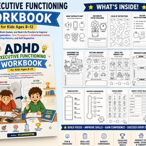 May include: An ADHD Executive Functioning Workbook for kids ages 8-12, featuring a spiral-bound cover with an illustration of a child before and after using the book, plus 60 printable pages of black and white activity sheets and brain games.