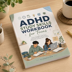 Könnte beinhalten: Ein Softcover-Buch mit dem Titel ADHD Study Skills Workbook for Teens mit weißem Einband, dunkelblauem und grünem Text, kleinen Symbolen und einer Illustration von zwei Personen, die an einem Schreibtisch mit Laptop und Notizbüchern lernen.