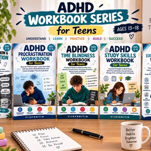 Può includere: Cinque libri della serie ADHD workbook for teens intitolati Digital Distraction, Procrastination, Time Blindness, Study Skills ed Executive Function. Un quaderno a spirale con una lista di cose da fare, una penna nera e una tazza con testo.