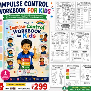 May include: A workbook titled "Impulse Control Workbook for Kids" with the text "Ages 5-10". The cover features a young boy holding a sign that says "Stop, Think, Choose". The workbook includes activities for emotional regulation and self-control.
