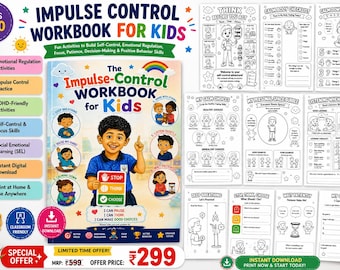 May include: A workbook titled "Impulse Control Workbook for Kids" with the text "Ages 5-10". The cover features a young boy holding a sign that says "Stop, Think, Choose". The workbook includes activities for emotional regulation and self-control.