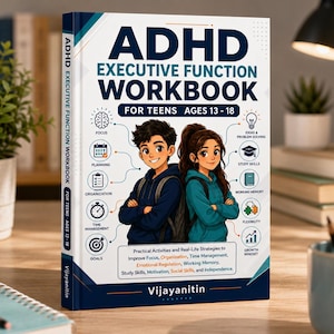 May include: A book titled ADHD Executive Function Workbook for Teens Ages 13-18 by Vijayanitin. The cover features illustrations of two teenagers, icons for focus, planning, organization, time management, goals, ideas, study skills, and growth mindset.
