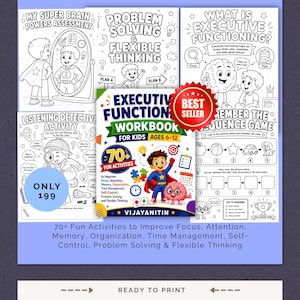 May include: An Executive Functioning Workbook for kids ages 6-12 featuring a colorful cover with a superhero character and a brain illustration. The workbook includes 70+ fun activities, with sample pages showing black and white line art exercises like My Super Brain Powers Assessment, Problem Solving & Flexible Thinking, Listening Detective Activity, and Remember the Sequence Game.