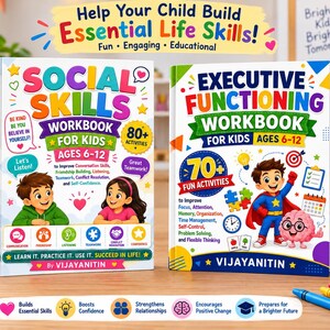 Könnte beinhalten: Zwei pädagogische Arbeitshefte für Kinder im Alter von 6-12 Jahren mit den Titeln Social Skills Workbook for Kids und Executive Functioning Workbook for Kids. Die Cover zeigen bunte Illustrationen von Kindern, einer Superheldenfigur und einem Gehirn.