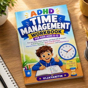 May include: A softcover workbook titled ADHD TIME MANAGEMENT WORKBOOK FOR KIDS AGES 8-12. The cover features a cartoon child writing in a notebook, a blue analog clock, an hourglass, and text including Fun Activities, Brain Games, and BY VIJANITIN.