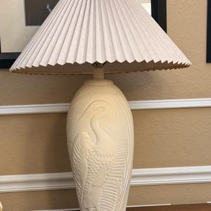 Vintage 1970s Dayle Rushall Ceramic Heron Lamp | Palm Beach Regency Decor with Original Pleated Shade