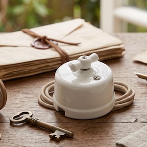 Interruttore rotante in ceramica, pomello girevole vintage, ferramenta da parete in porcellana antica, arredamento rustico da fattoria