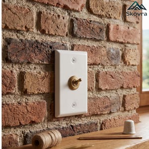 Vintage Porcelain Light Switch, Antique Brass Toggle, Retro Farmhouse Wall Plate