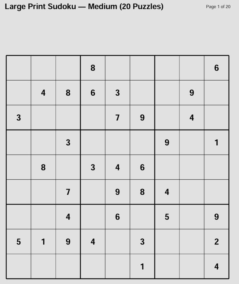 20 Large Print Sudoku Puzzles - Medium Difficulty + Solutions