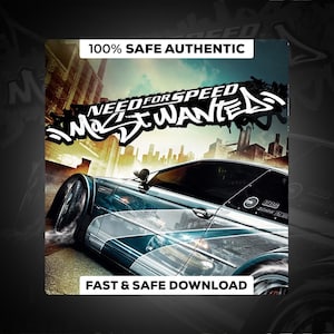 以下が含まれることがあります： Need for Speed: Most Wantedのゲームカバー。銀と青のスポーツカーが都市の背景に描かれています。「100% SAFE AUTHENTIC」と「FAST & SAFE DOWNLOAD」の文字がカバーに表示されています。