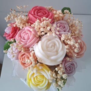 Ramo de rosas de cera perfumadas sin mecha en maceta, arreglo floral de lujo, decoración floral para el hogar de larga duración, regalo único.
