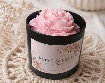 Hand-Poured Soy Candle, Pink Peony Floral Decor, Rose Jasmine Sandalwood Scent