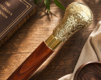 Bastón de madera antiguo con mango de latón grabado, bastón de 91 cm (36 pulgadas)