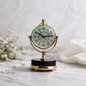 Könnte beinhalten: Eine goldfarbene Tischuhr mit rundem Zifferblatt und schwarzem Sockel. Das Zifferblatt hat schwarze Ziffern und Zeiger mit einer 24-Stunden-Zeitanzeige. Die Uhr wird von einem gebogenen Goldständer getragen.