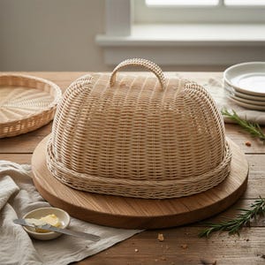 Op de afbeelding: Een geweven rieten broodmand met een gewelfde deksel en handvat, op een houten serveerplank. Een klein schaaltje met boter en een mes staan op de voorgrond.