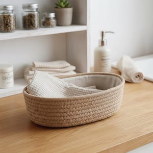 May include: Oval woven basket in a light brown colour, lined with a neutral fabric. A white waffle-weave towel is inside the basket. The basket is on a wooden surface, with a shelf and other items in the background.