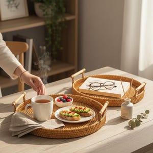 Può includere: Due vassoi ovali in rattan intrecciato con manici in legno. Uno contiene una tazza di tè, una ciotola di frutti di bosco e toast con avocado. L'altro contiene un libro e occhiali. Un diffusore di profumo dai toni neutri è nelle vicinanze.
