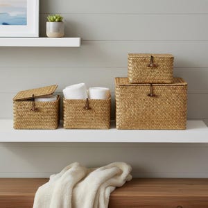 Geflochtener Seegraskorb | Aufbewahrungsbehälter mit Deckel | Boho Haus Organizer