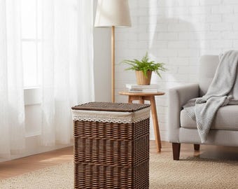 Lace Trim Laundry Hamper | Brown Woven Storage Basket | Rectangular Wicker Basket