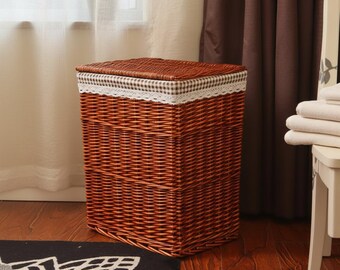 Wicker Laundry Hamper | Gingham Lined Storage Basket | Brown Rattan Clothes Bin