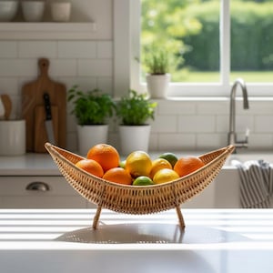 Peut inclure: Un panier à fruits en osier tressé rempli d'oranges, de citrons et de citrons verts. Le panier a une forme de bateau et repose sur trois petits pieds. La cuisine comprend un plan de travail blanc, une fenêtre et une planche à découper.