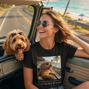 Cavapoo Cockapoo Car Window T-Shirt | "Living the Dream" Dog Tee | Black, Pink, Sand | Cute Dog Lover Gift | New puppy Gift for him or Her