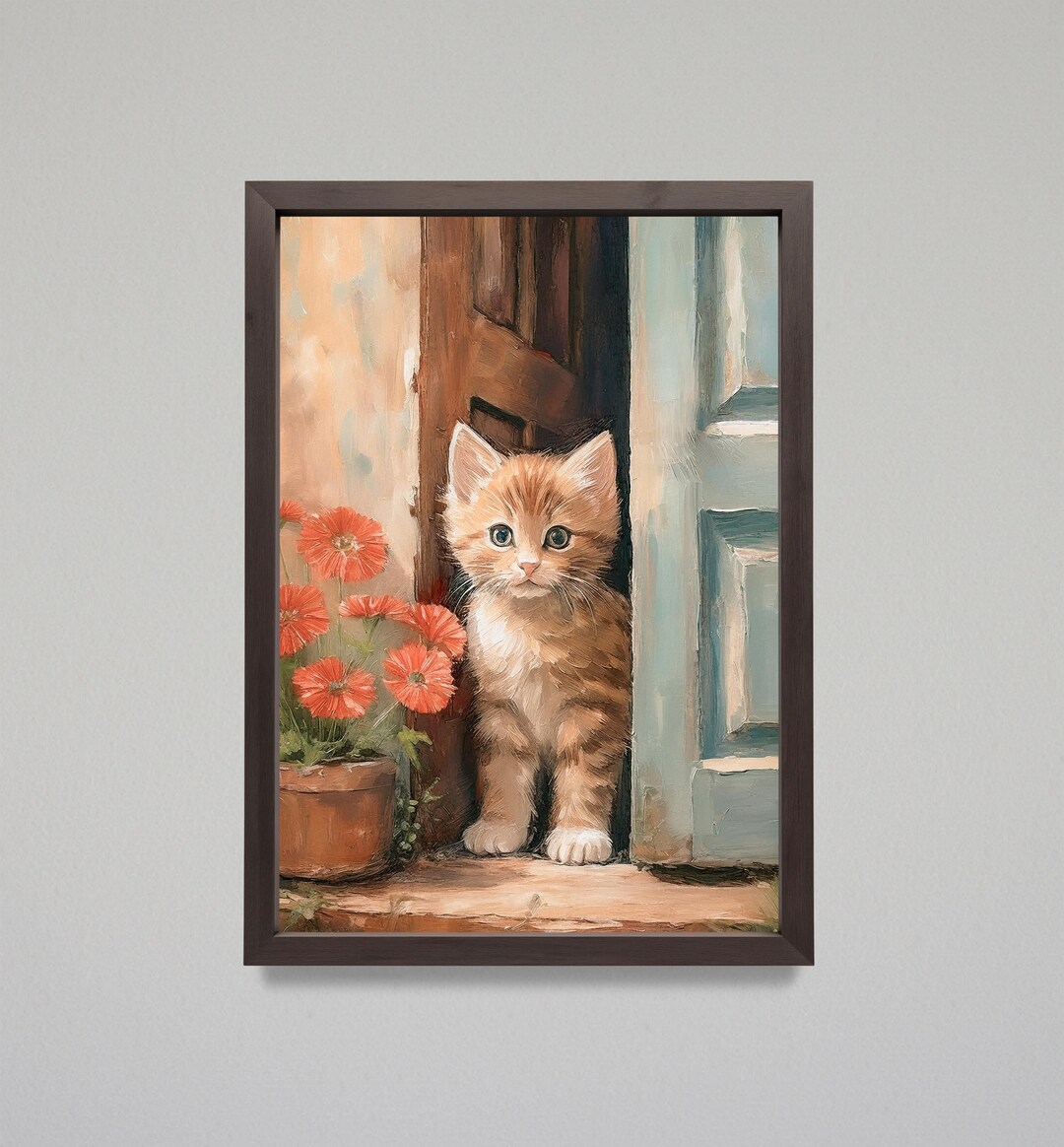 Cute Ginger Cat Wall Art Print, Rustic Cottage Kitten Illustration With ...