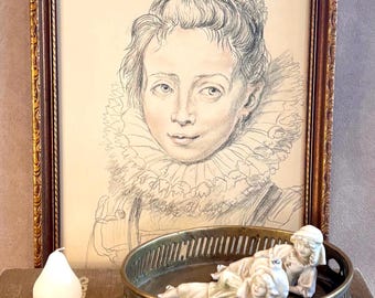 Estudo de retrato emoldurado de uma camareira | Desenho figurativo vintage assinado | Esboço de retrato a lápis | Arte de parede do Velho Mundo