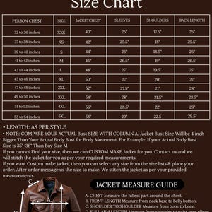 Puede incluir: Una tabla de tallas de chaquetas para hombre, con medidas en cent&iacute;metros para pecho, pecho de chaqueta, mangas, hombros y largo de espalda. Incluye una gu&iacute;a de medidas y instrucciones para pedidos personalizados.