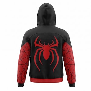 May include: Black hooded sweatshirt with a large red spider emblem on the back. The sleeves feature a red geometric pattern. The design is a bold, eye-catching graphic on a comfortable, casual garment.