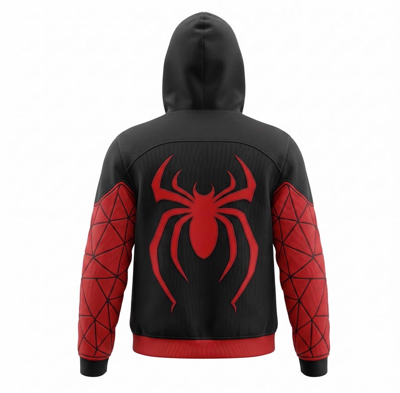May include: Black hooded sweatshirt with a large red spider emblem on the back. The sleeves feature a red geometric pattern. The design is a bold, eye-catching graphic on a comfortable, casual garment.