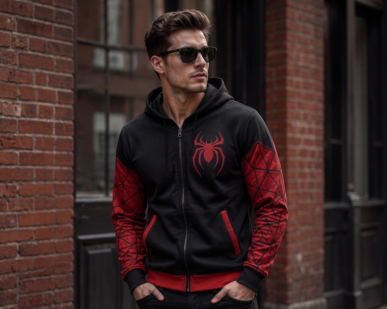 May include: Black zip-up hoodie with red accents and a spider emblem on the chest. The sleeves feature a red web design. The hoodie has a red trim on the pockets and bottom hem.