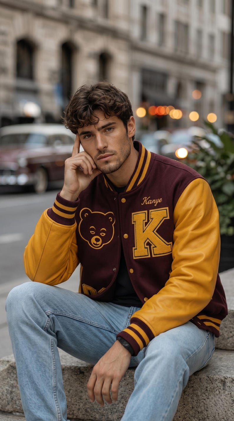 Puede incluir: Chaqueta universitaria granate y dorada con el nombre "Kanye" y un gran parche "K". La chaqueta tiene mangas doradas y un parche de oso. La persona lleva vaqueros azules.