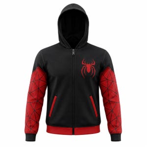 May include: Black zip-up hoodie with a red spider emblem on the chest. The sleeves are red with a black geometric pattern. The hood and trim are black. A stylish and comfortable hoodie.