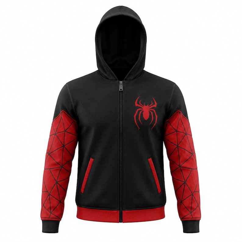 May include: Black zip-up hoodie with a red spider emblem on the chest. The sleeves are red with a black geometric pattern. The hood and trim are black. A stylish and comfortable hoodie.
