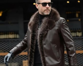 Handmade Men’s Fur Collar Leather Coat | Brown Winter Jacket | Classic Luxury Style | Faux Leather & Genuine Leather | Gift for Him