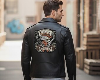 Handmade Mens Skull Biker Leather Jacket | Dead Mans Hand DTF Print Moto Jacket | Real & Faux Leather Motorcycle Jacket | Gift For Him