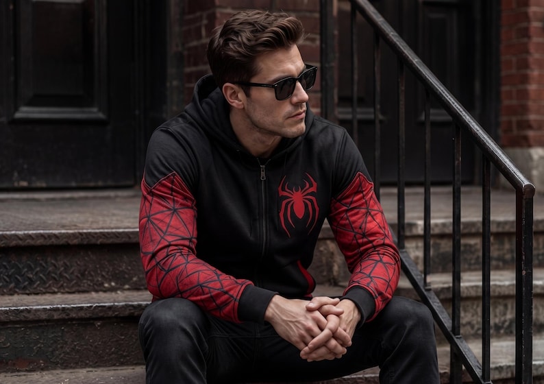 May include: Black zip-up hoodie with red spiderweb patterned sleeves and a red spider emblem on the chest. The hoodie has a hood and is worn with black sunglasses and black pants. The person is sitting on outdoor steps.