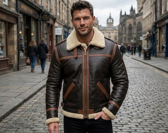 Men’s Distressed B3 Flight Coat, Shearling Aviator Outerwear, Vintage RAF Winter Apparel, Genuine Leather Cold Weather Fashion,