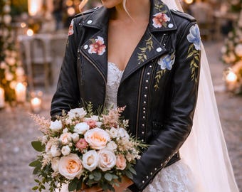 Vintage Handmade Bridal Jacket Floral Custom Wedding Faux Leather Bride Outfit