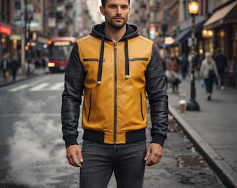 Handmade Gen Z Yellow Black Genuine Sheep Leather Jacket | Motorcycle Biker Hoodie Leather Jacket | Streetwear Leather Jacket | Gift For Him
