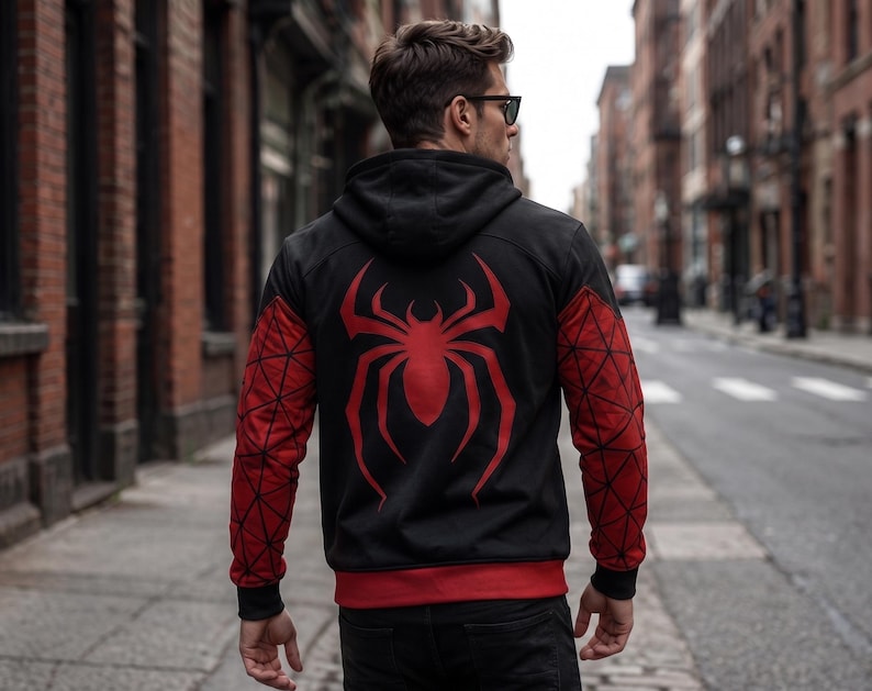 May include: Black hooded sweatshirt with a large red spider emblem on the back. The sleeves are red with a geometric pattern. The sweatshirt has a red trim at the bottom and around the hood.