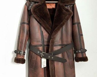 Handmade Vintage  Mens Brown Sheepskin Shearling Coat | Real Sheep Skin Leather | Aviator Jacket with Faux Fur Lining | gift for him