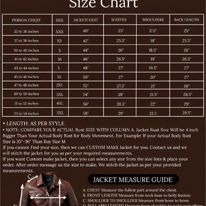 May include: A size chart for men's jackets, with measurements in inches. The chart includes jacket chest, sleeve, shoulder, and back length measurements, along with a jacket measurement guide.