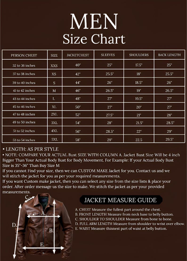 May include: A size chart for men's jackets, with measurements in inches. The chart includes jacket chest, sleeve, shoulder, and back length measurements, along with a jacket measurement guide.